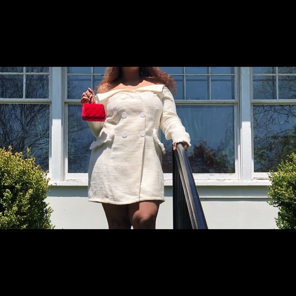 White Tweed Off Shoulder Blazer Dress - Picture 5 of 7